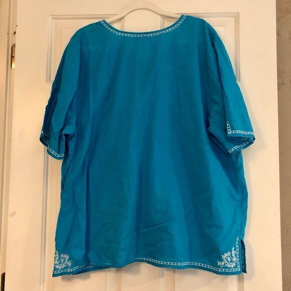 Liz & Me Blue V-neck Lace-up Embroidered Beads Short Sleeve Blouse 2X (22/24 W) - Picture 9 of 16